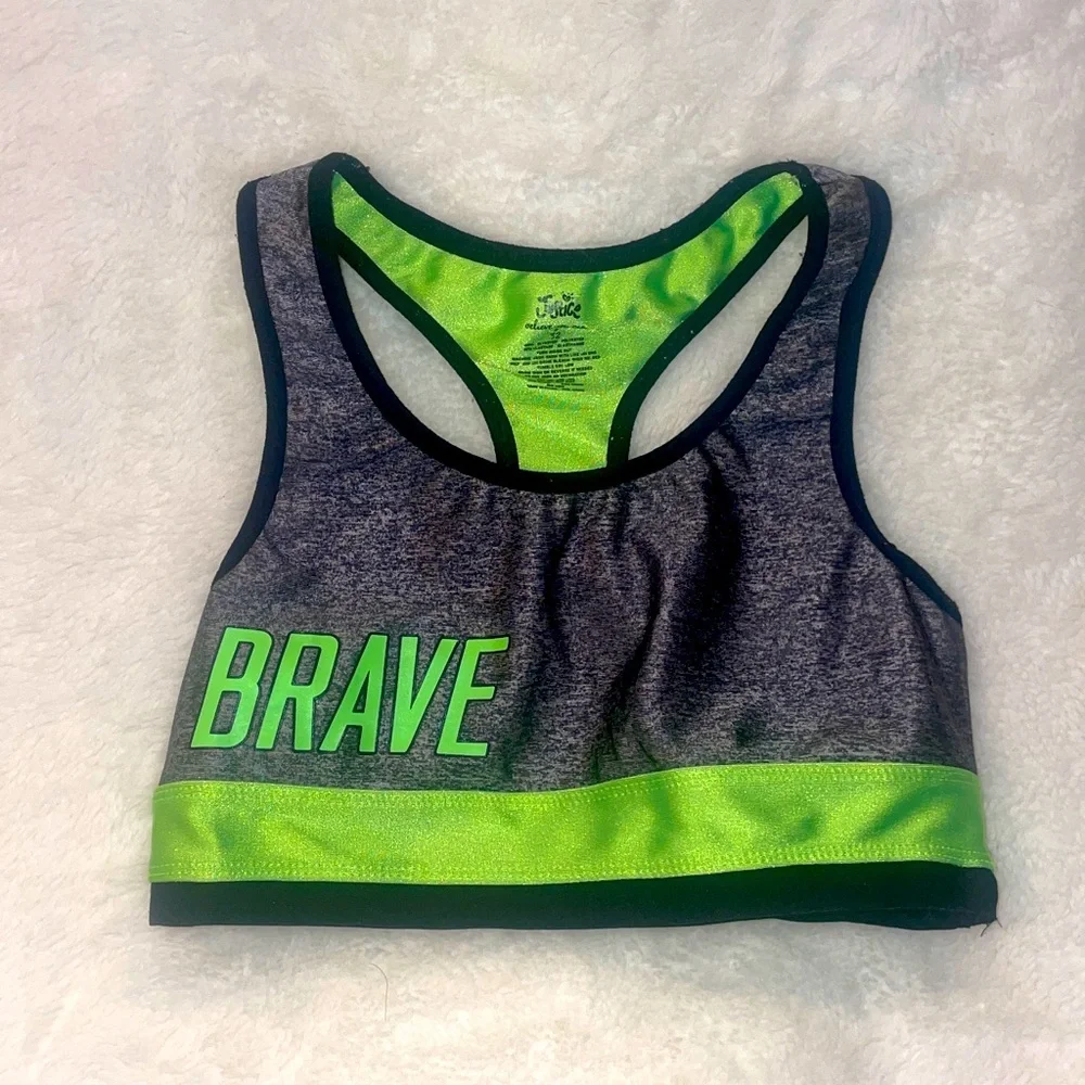 Justice Girls sports bras. 3 bras (1 unbranded). Green, gray, emojis Size L girl